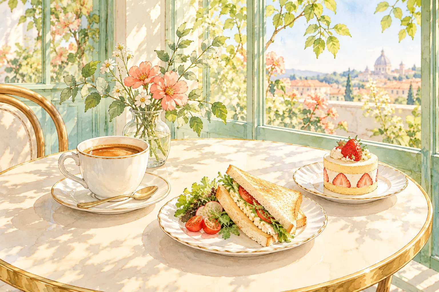 コーヒーとサンドウィッチ、ケーキを並べたイラスト